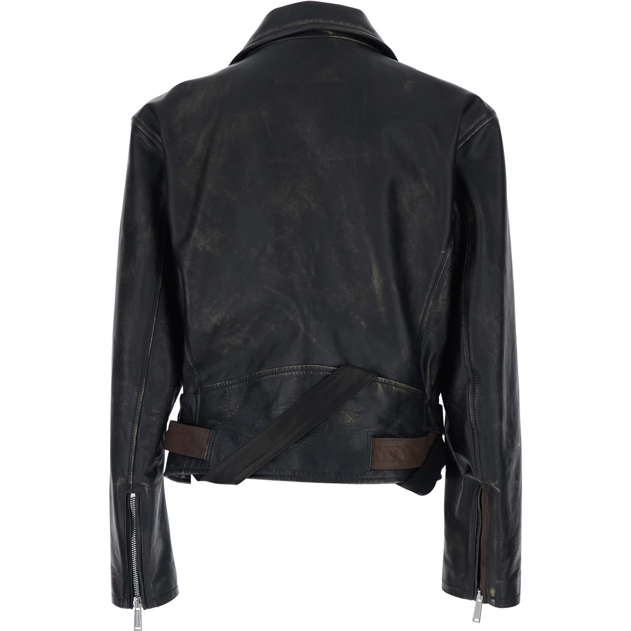 D2 x Magliano Black Biker Jacket with Wide Classic Lapels and Logoed Belt at the Waist in Leather Man