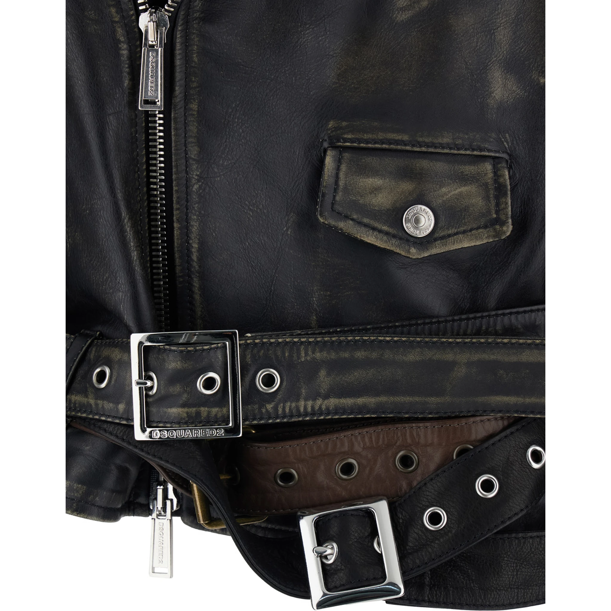 D2 x Magliano Black Biker Jacket with Wide Classic Lapels and Logoed Belt at the Waist in Leather Man