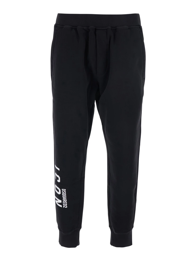 Black Pants with Elastic Waist and Logo Lettering on the Leg in Cotton Man