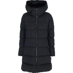 Black Down Jacket with Fixed Hood and Quilted Design in Tech Fabric Woman