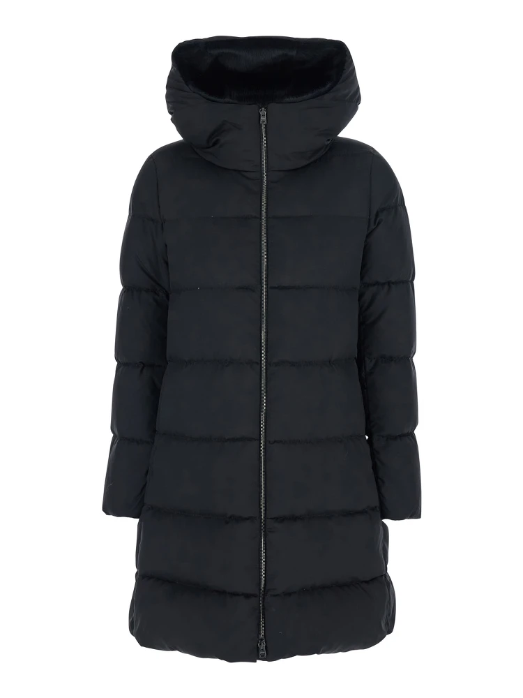 Black Down Jacket with Fixed Hood and Quilted Design in Tech Fabric Woman