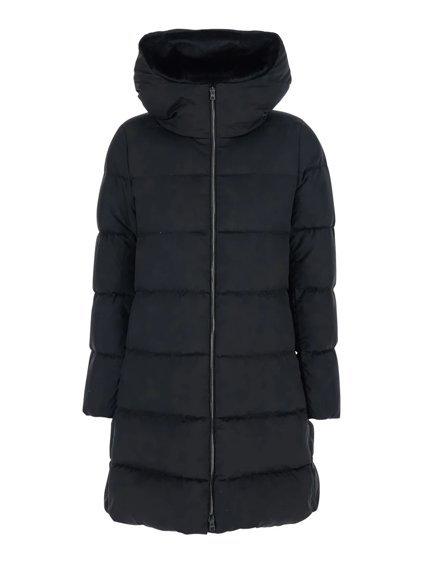 Black Down Jacket with Fixed Hood and Quilted Design in Tech Fabric Woman
