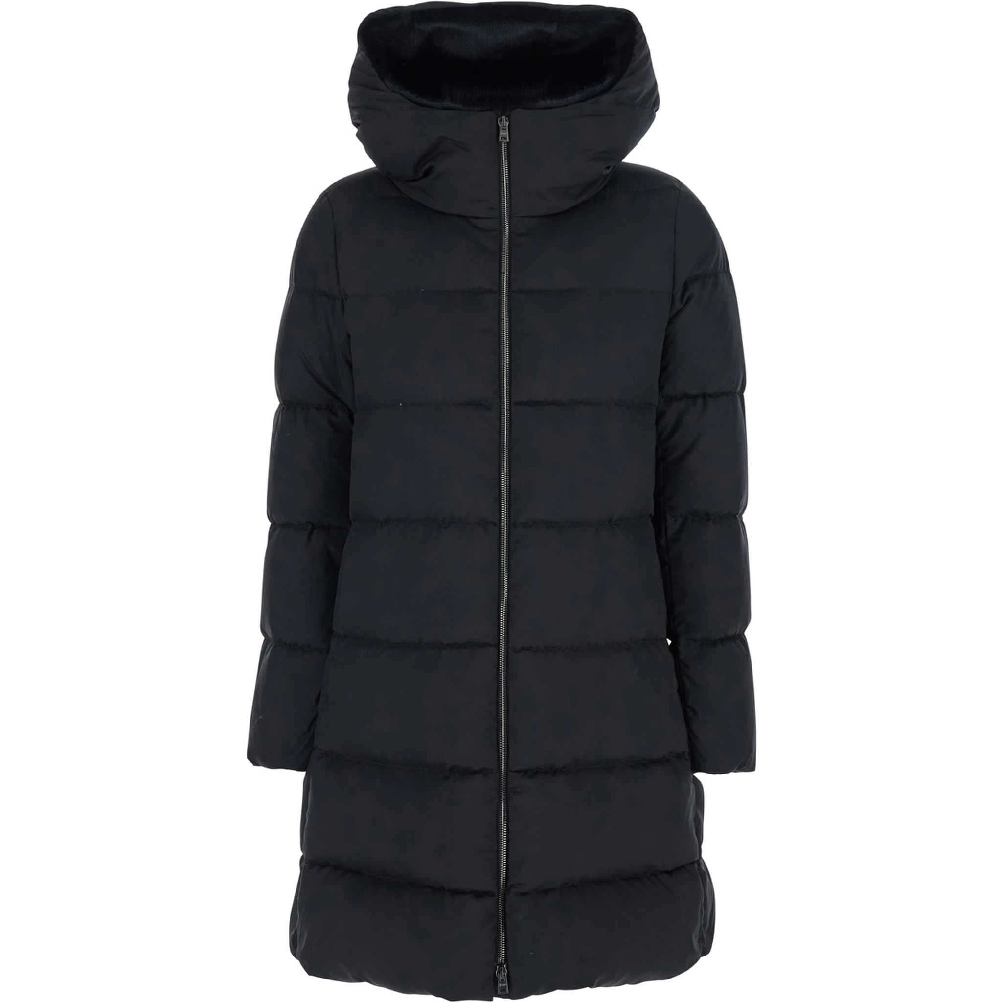 Black Down Jacket with Fixed Hood and Quilted Design in Tech Fabric Woman
