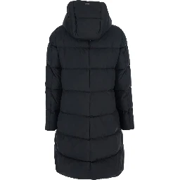 Black Down Jacket with Fixed Hood and Quilted Design in Tech Fabric Woman
