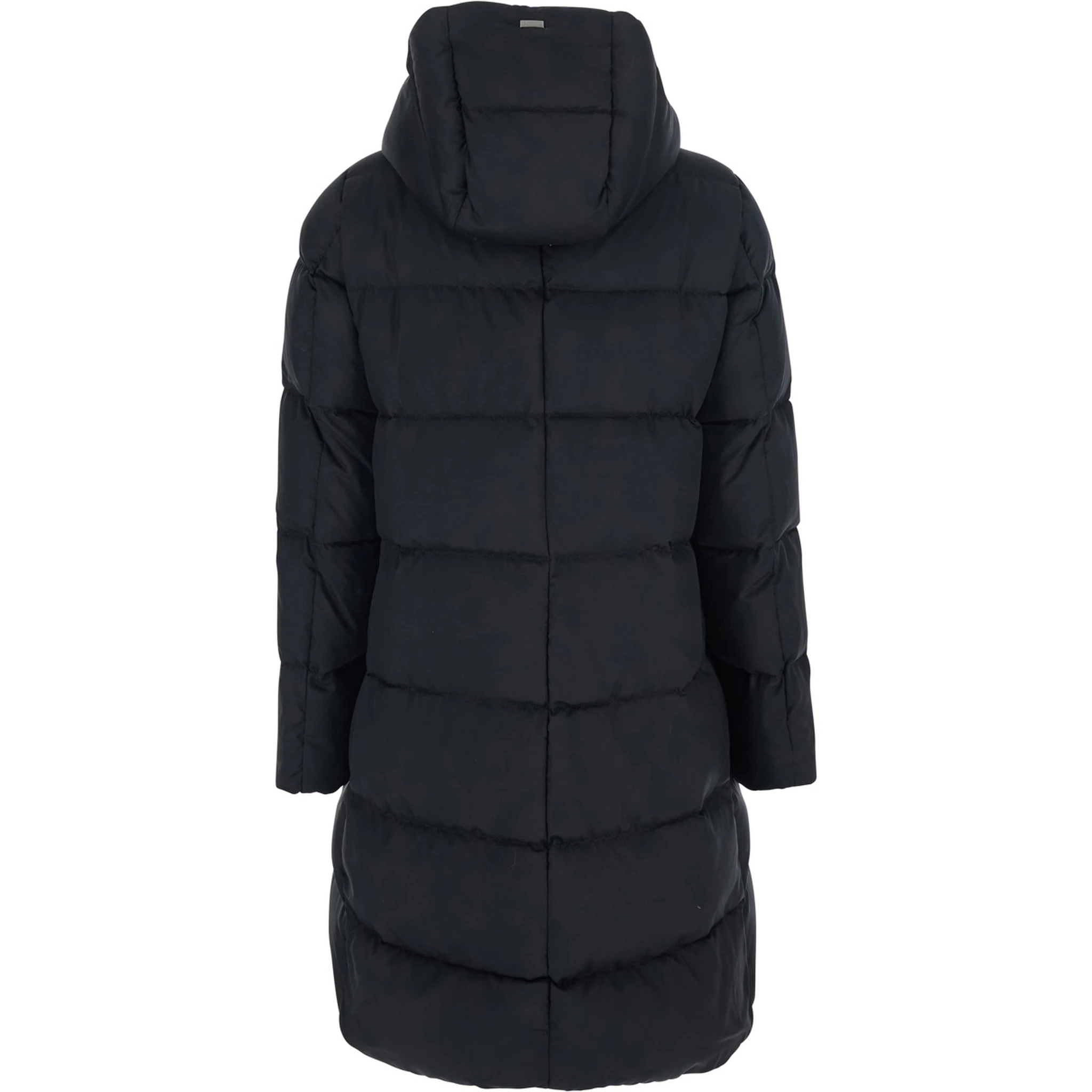 Black Down Jacket with Fixed Hood and Quilted Design in Tech Fabric Woman