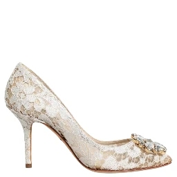 White Taormina Lace Crystal Heel Pumps Shoes