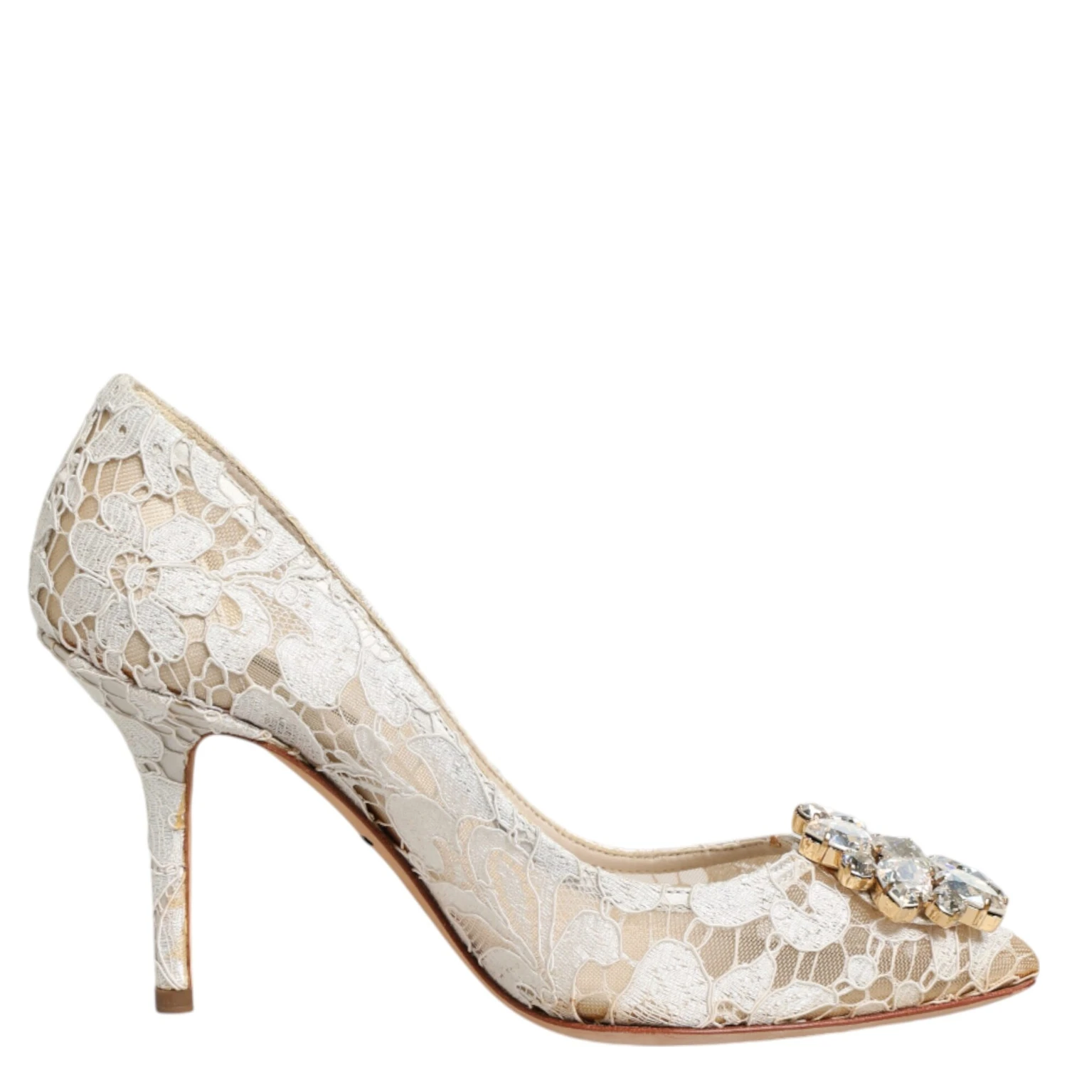 White Taormina Lace Crystal Heel Pumps Shoes