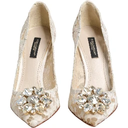 White Taormina Lace Crystal Heel Pumps Shoes