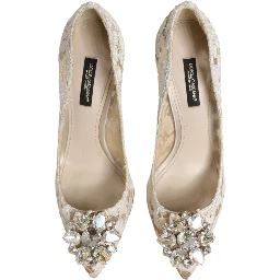 White Taormina Lace Crystal Heel Pumps Shoes