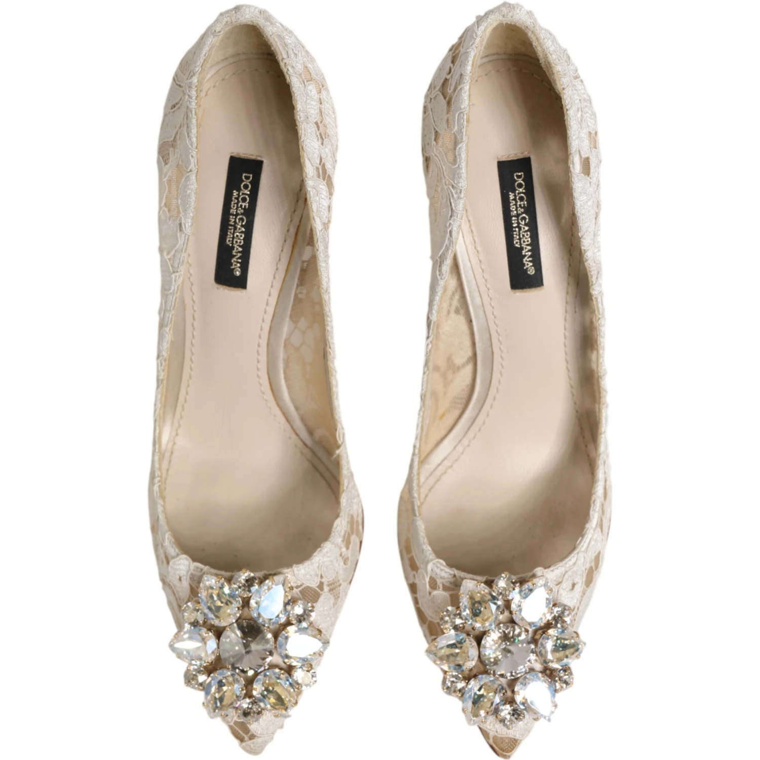 White Taormina Lace Crystal Heel Pumps Shoes