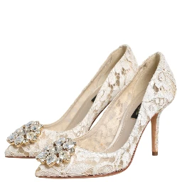 White Taormina Lace Crystal Heel Pumps Shoes