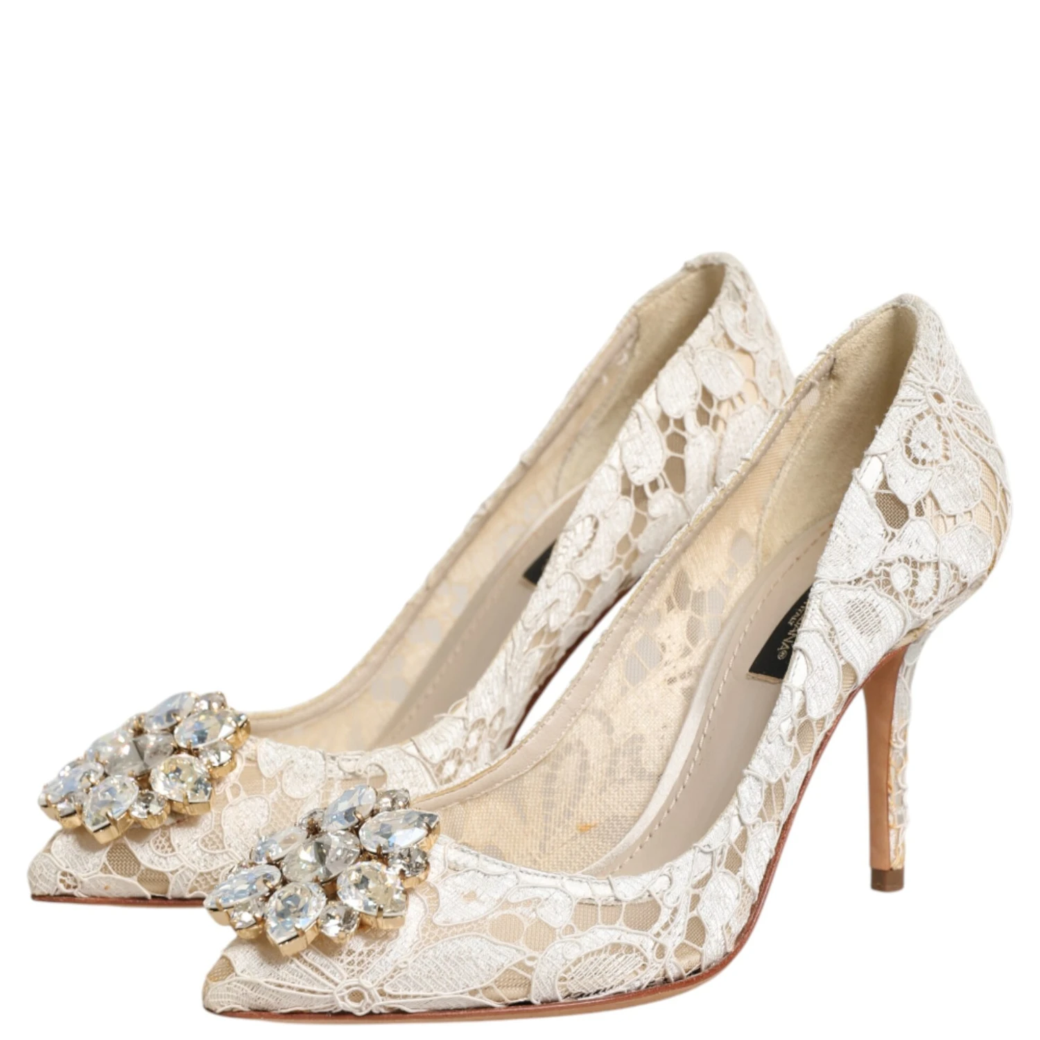 White Taormina Lace Crystal Heel Pumps Shoes