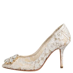White Taormina Lace Crystal Heel Pumps Shoes
