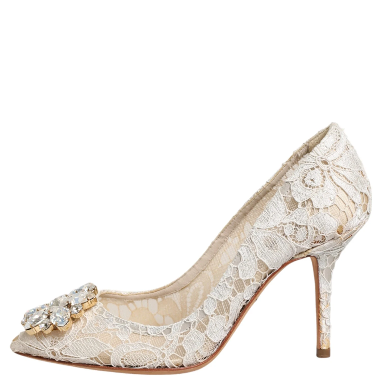 White Taormina Lace Crystal Heel Pumps Shoes