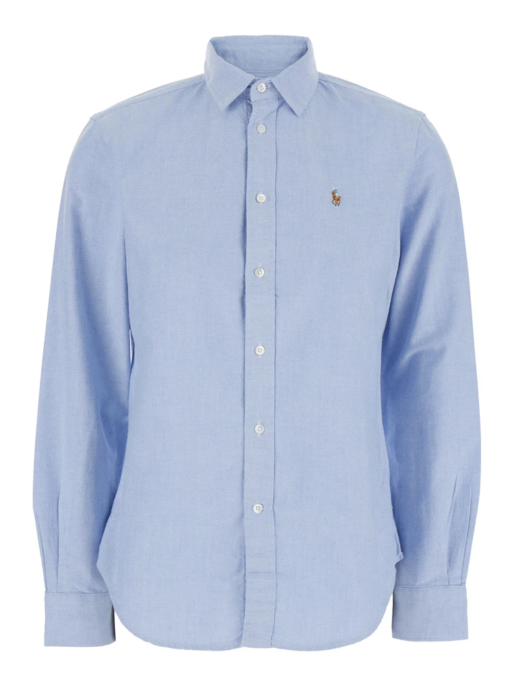 Oxford Light Blue Shirt with Classic Collar and Pony Embroidery on the Front in Cotton Woman