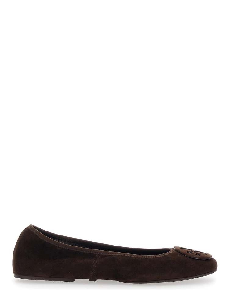 Brown Ballerinas with Logo Plaque on the Front in Suede Woman
