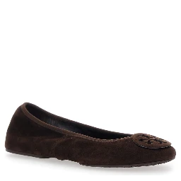 Brown Ballerinas with Logo Plaque on the Front in Suede Woman