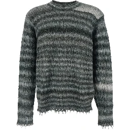 Grey Crewneck Sweater with Fringed Hem and All-Over Striped Motif in Cotton Blend Man