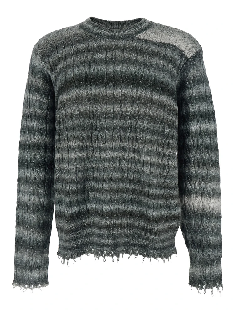 Grey Crewneck Sweater with Fringed Hem and All-Over Striped Motif in Cotton Blend Man