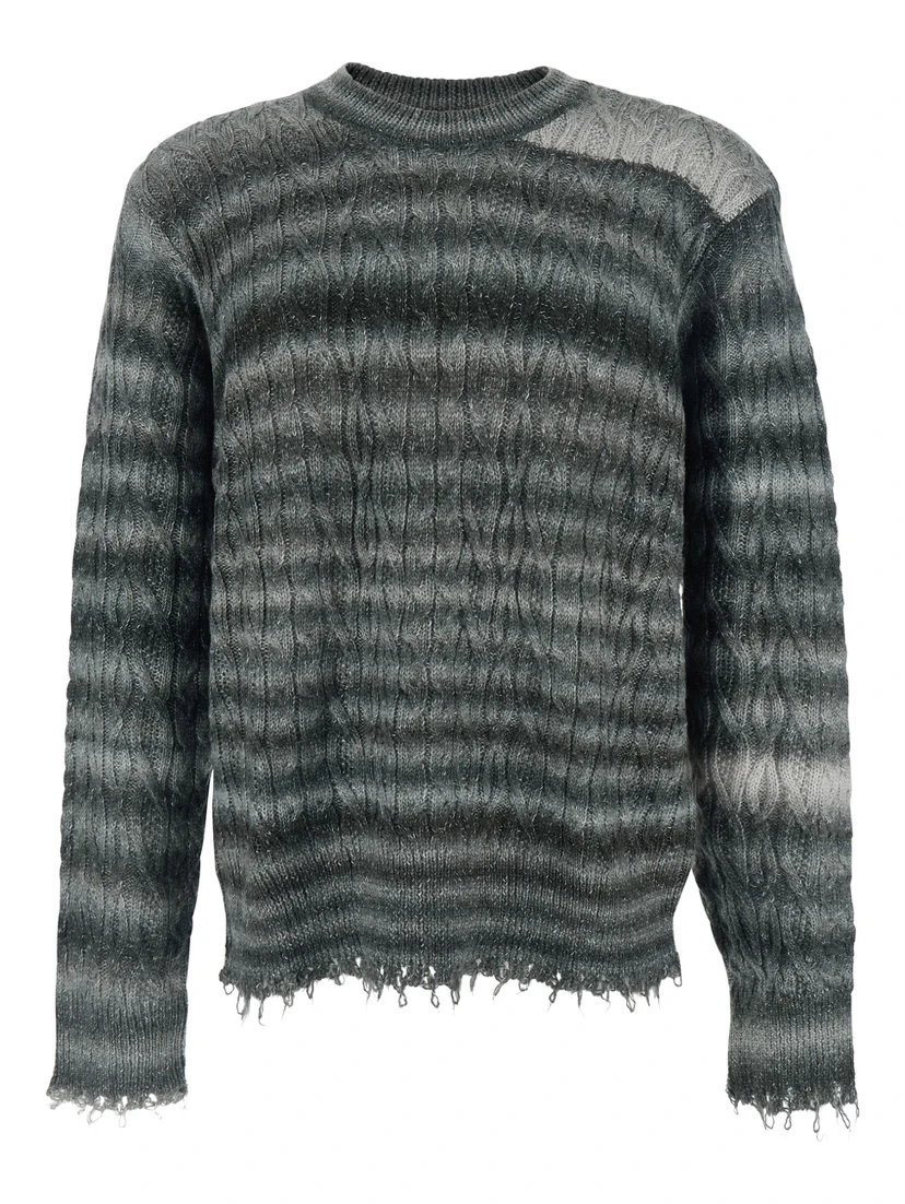 Grey Crewneck Sweater with Fringed Hem and All-Over Striped Motif in Cotton Blend Man