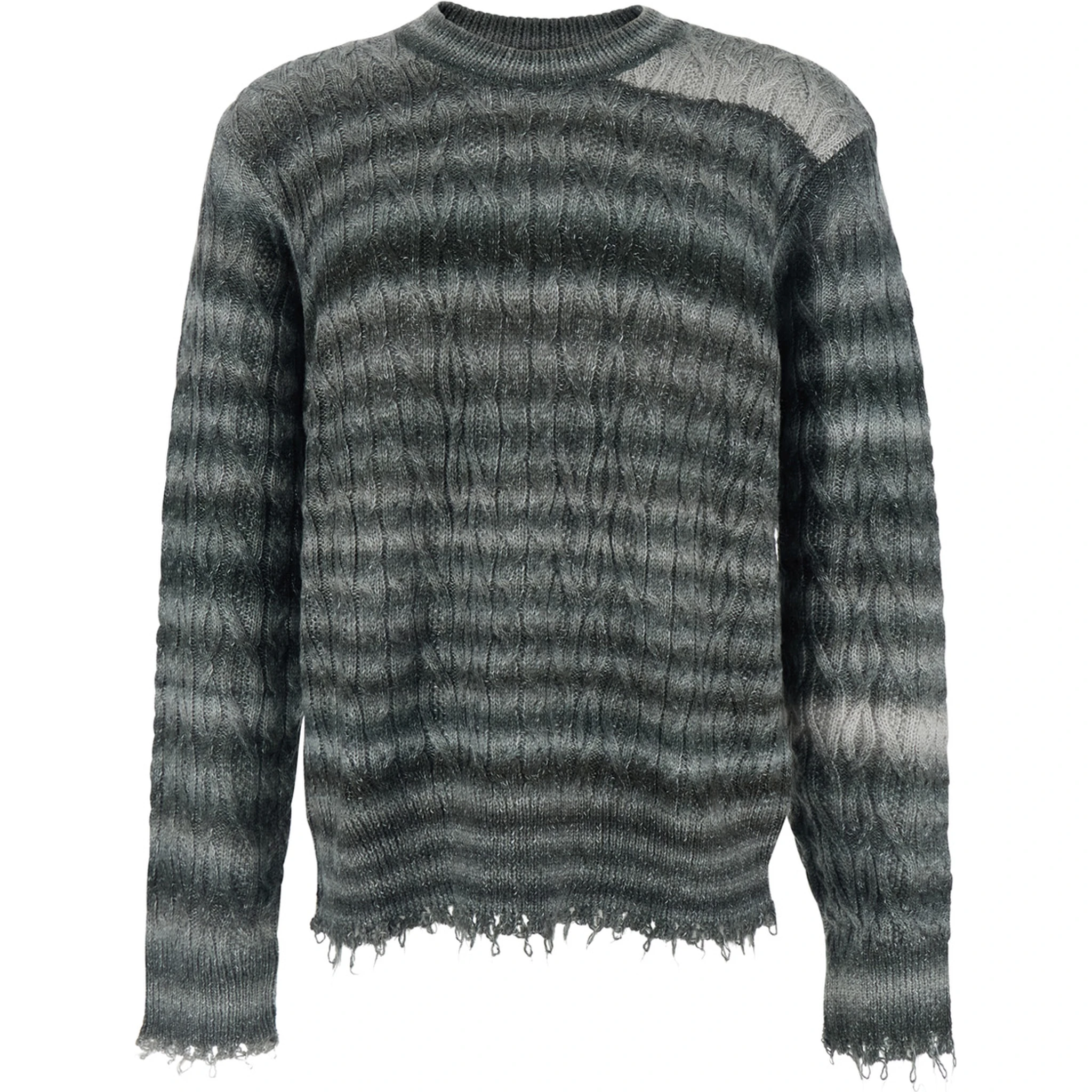 Grey Crewneck Sweater with Fringed Hem and All-Over Striped Motif in Cotton Blend Man