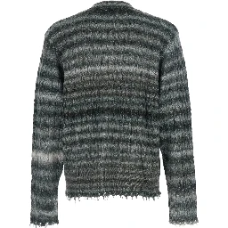 Grey Crewneck Sweater with Fringed Hem and All-Over Striped Motif in Cotton Blend Man