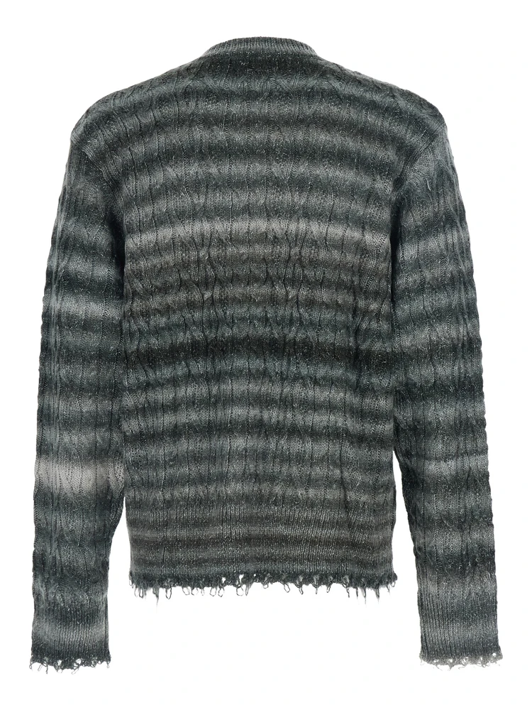 Grey Crewneck Sweater with Fringed Hem and All-Over Striped Motif in Cotton Blend Man alternative