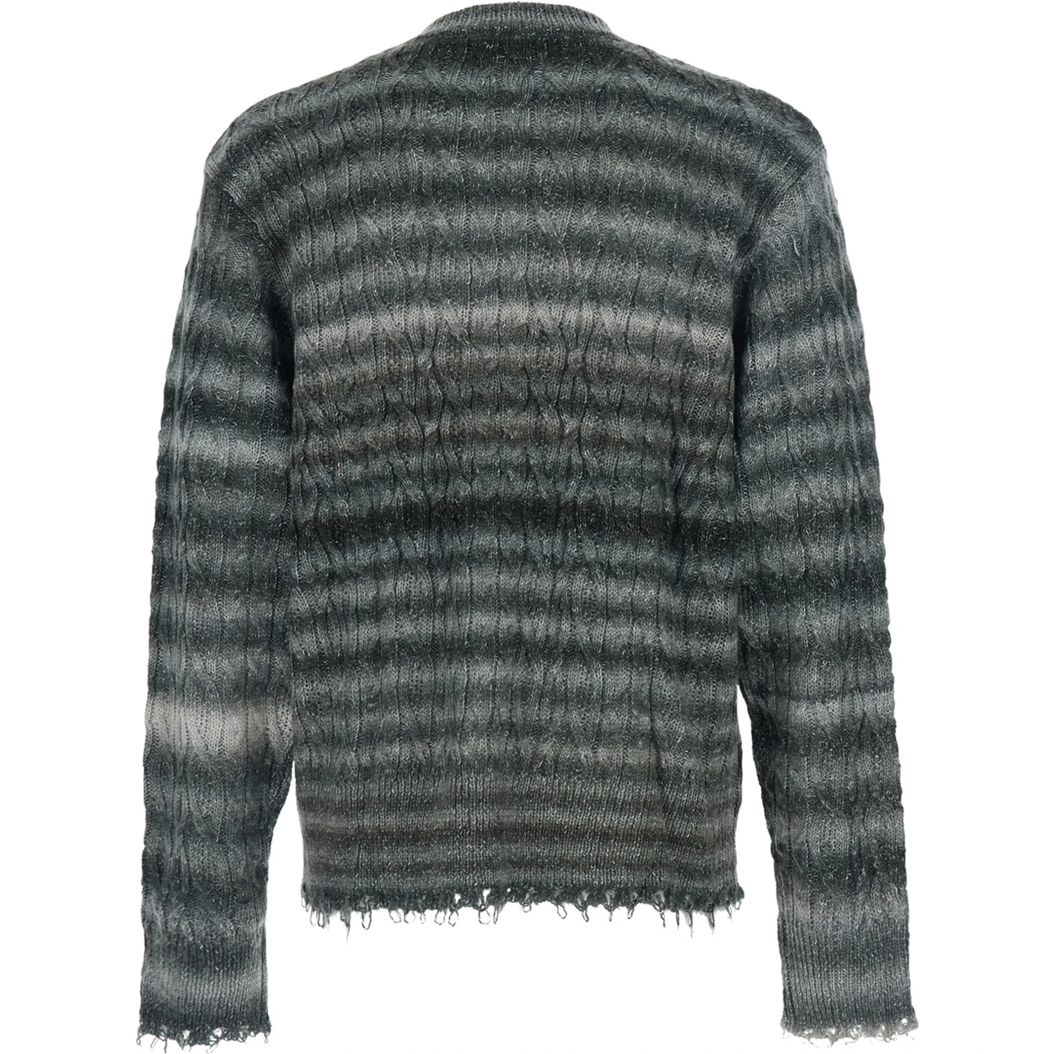 Grey Crewneck Sweater with Fringed Hem and All-Over Striped Motif in Cotton Blend Man