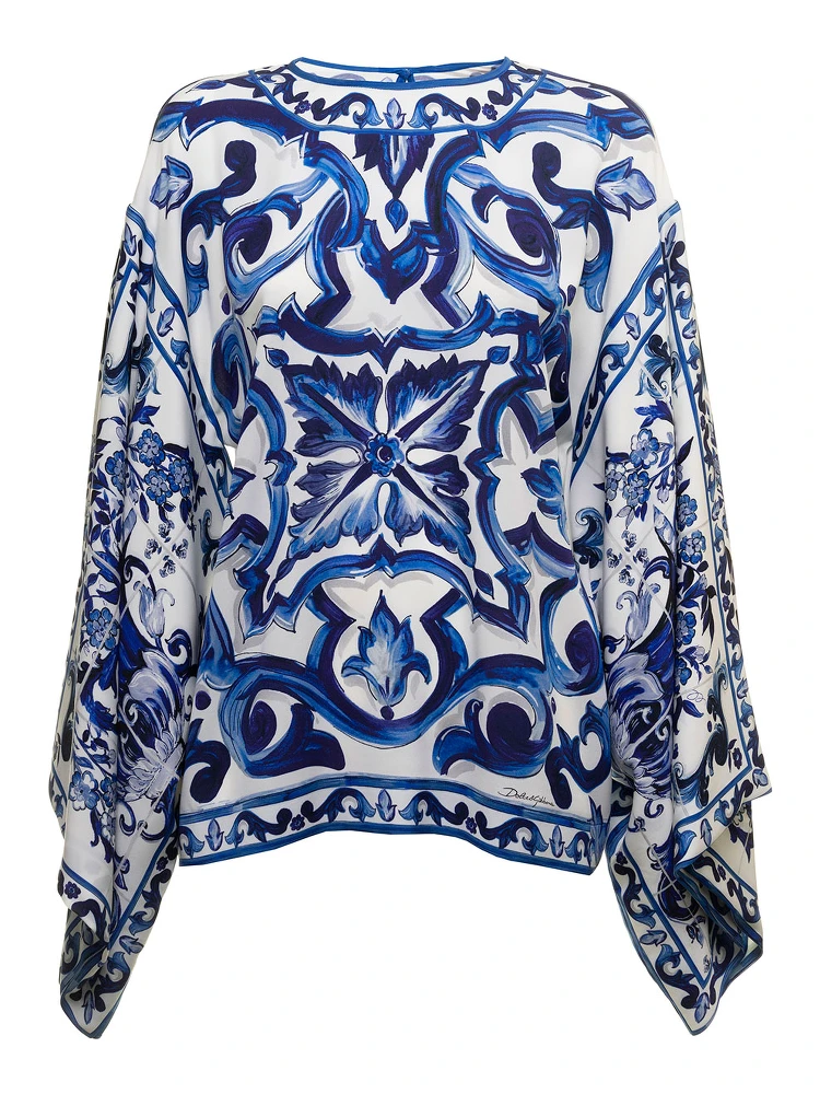 Dolce & Gabbana Womans Maiolica Printed Silk Shirt Blouse