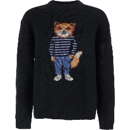 Black Crewneck Sweater with Logo Embroidery on the Front in Wool Blend Man