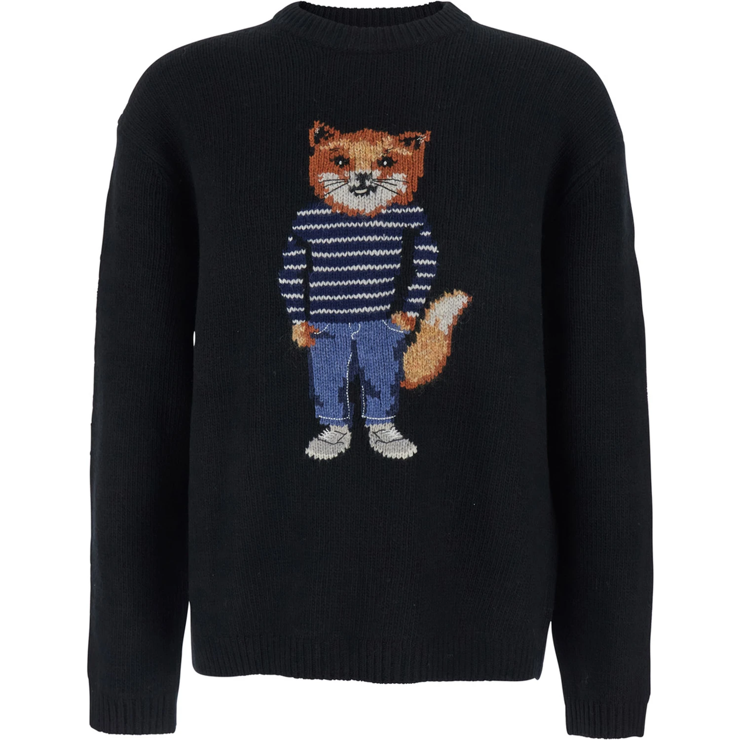 Black Crewneck Sweater with Logo Embroidery on the Front in Wool Blend Man