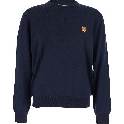 Blue Crew Neck Sweater with Fox Patch on the Front in Wool Man