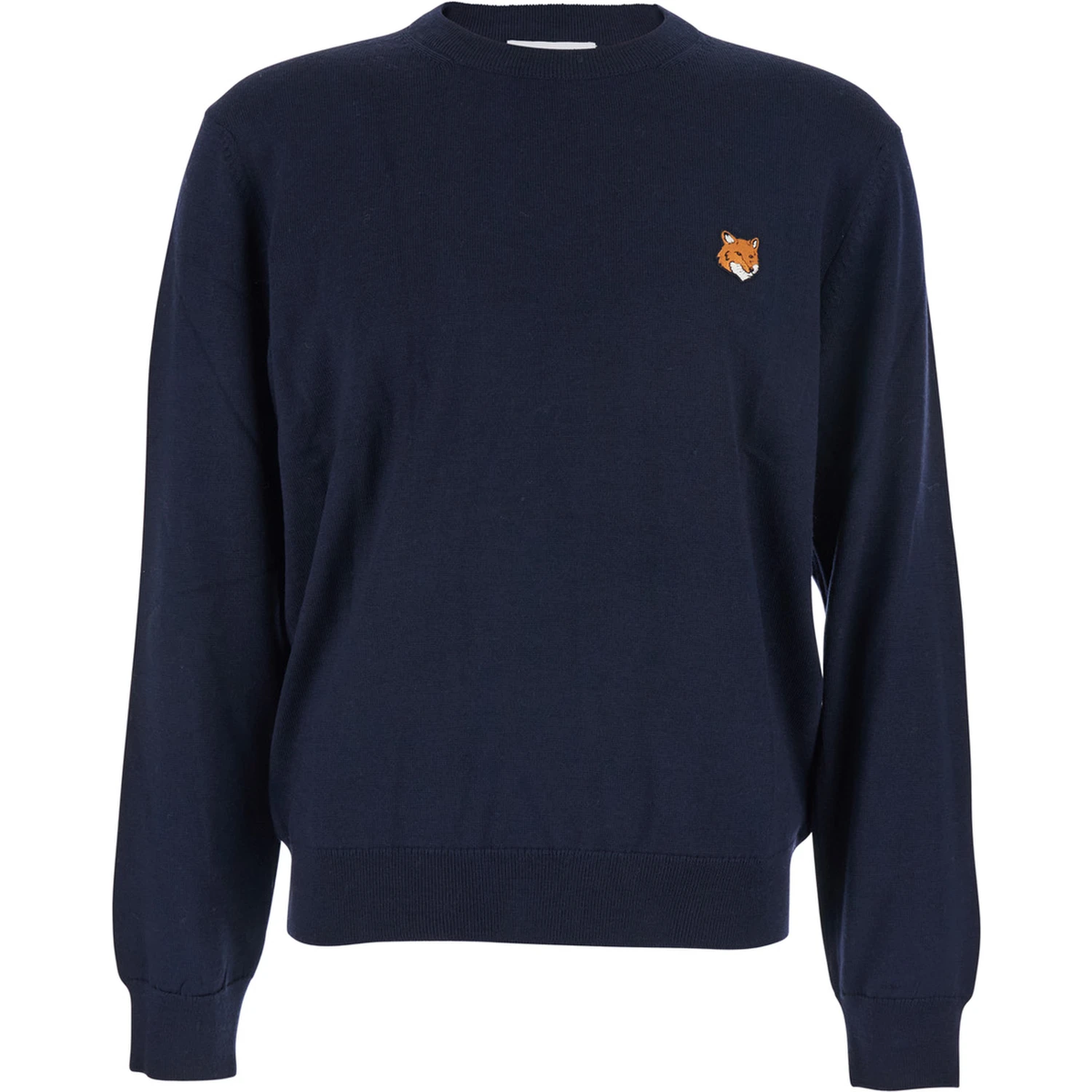 Blue Crew Neck Sweater with Fox Patch on the Front in Wool Man