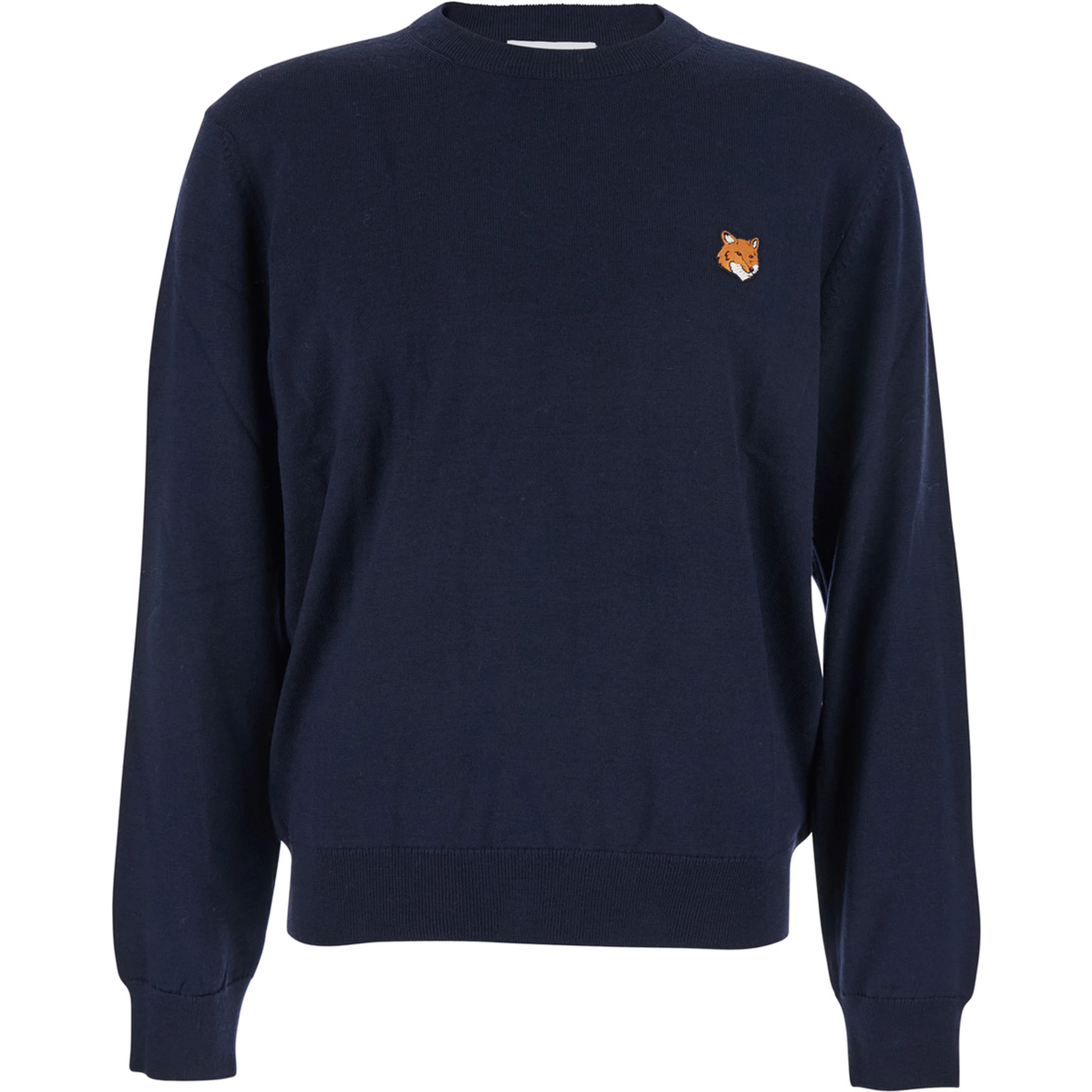 Blue Crew Neck Sweater with Fox Patch on the Front in Wool Man