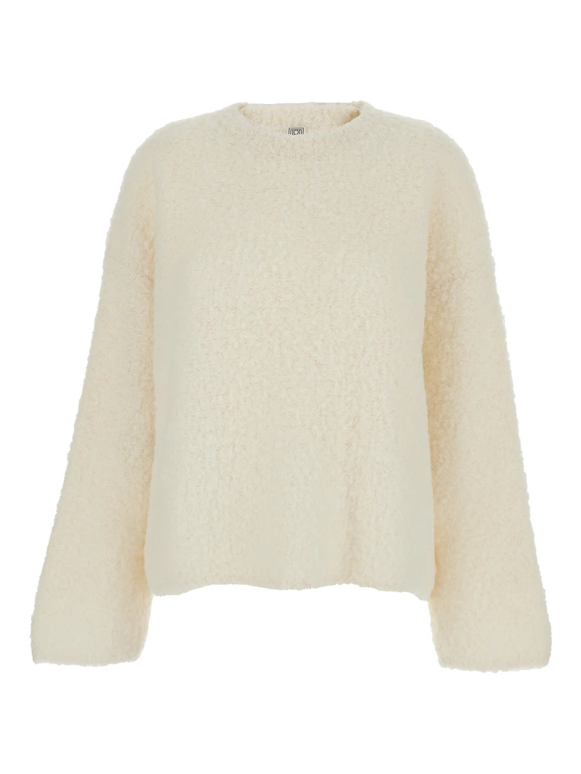 White Crewneck Sweater with Wide Long Sleeves and Ribbed Trims in Wool Blend Woman