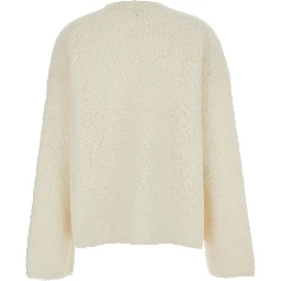 White Crewneck Sweater with Wide Long Sleeves and Ribbed Trims in Wool Blend Woman