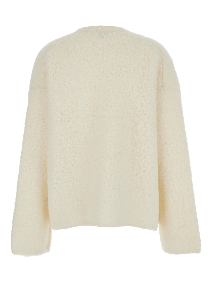 White Crewneck Sweater with Wide Long Sleeves and Ribbed Trims in Wool Blend Woman