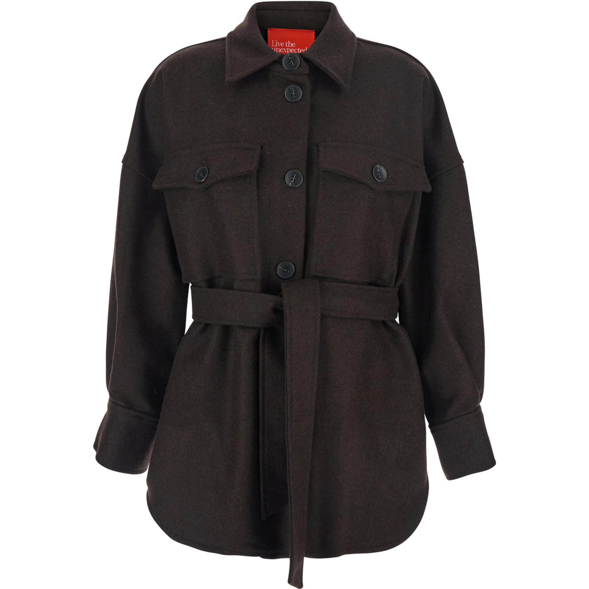 Brown Overshirt with Classic Collar and Belt in Wool Blend Woman