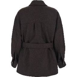 Brown Overshirt with Classic Collar and Belt in Wool Blend Woman