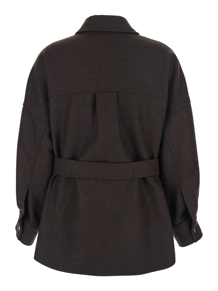 Brown Overshirt with Classic Collar and Belt in Wool Blend Woman alternative