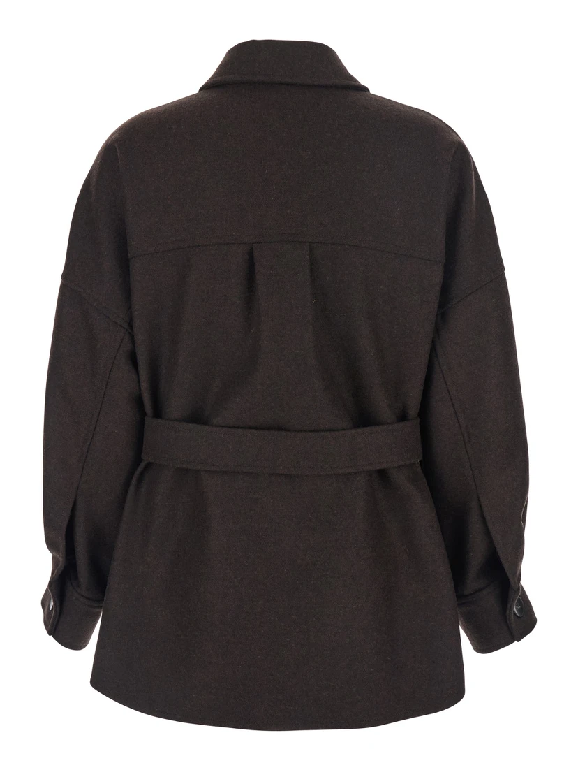 Brown Overshirt with Classic Collar and Belt in Wool Blend Woman