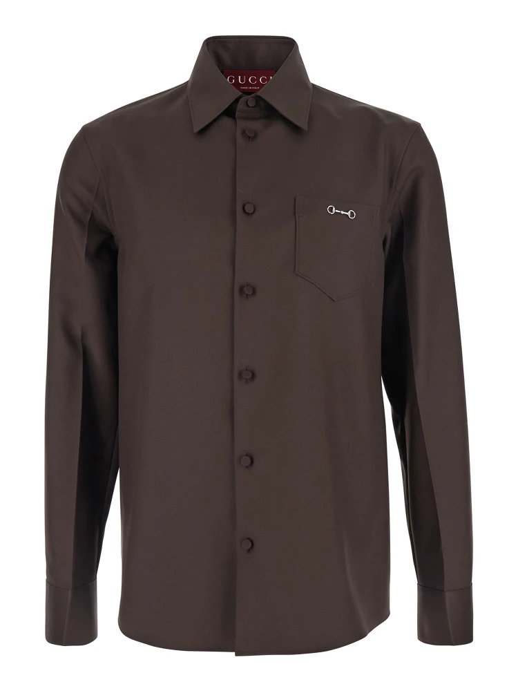 Brown Shirt with Classic Collar and Horsebit on the Front in Cotton Blend and Fabric Man