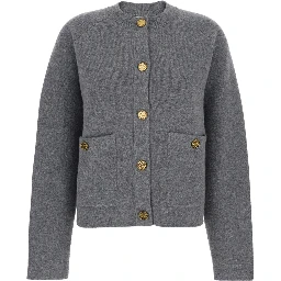 Grey Crewneck Cardigan with Jewel Buttons and Two Front Patch Pockets in Wool Woman