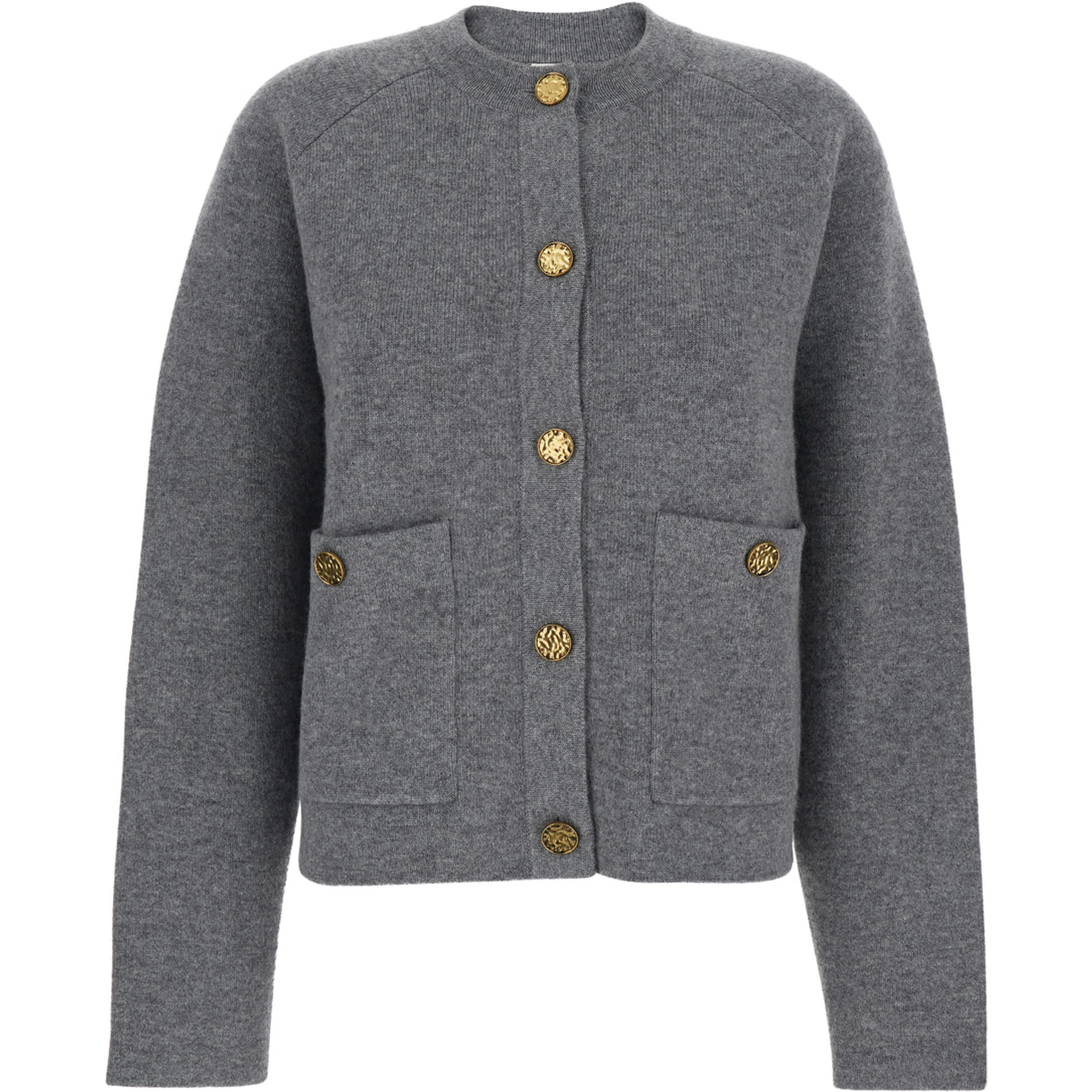 Grey Crewneck Cardigan with Jewel Buttons and Two Front Patch Pockets in Wool Woman