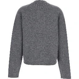 Grey Crewneck Cardigan with Jewel Buttons and Two Front Patch Pockets in Wool Woman
