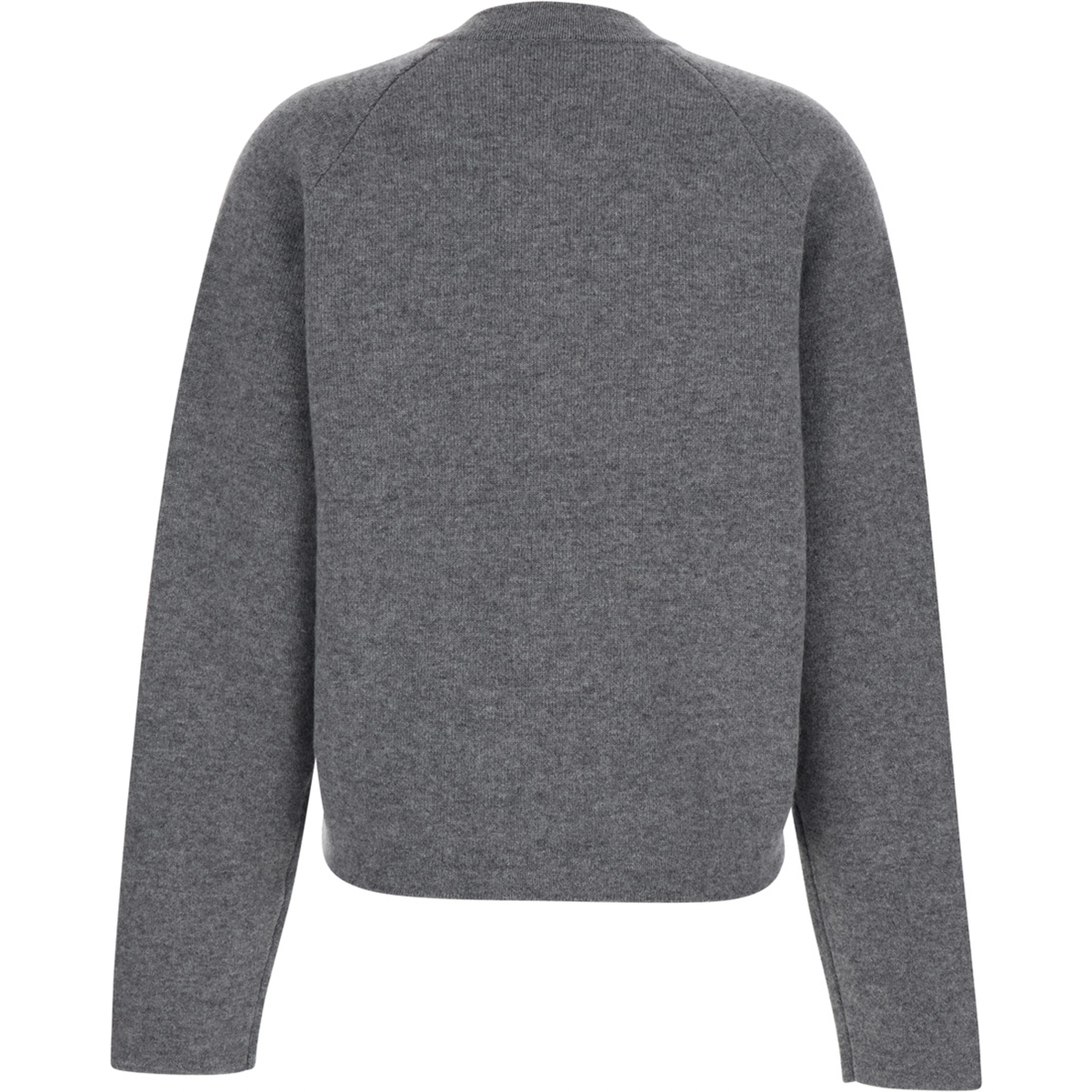 Grey Crewneck Cardigan with Jewel Buttons and Two Front Patch Pockets in Wool Woman