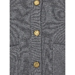Grey Crewneck Cardigan with Jewel Buttons and Two Front Patch Pockets in Wool Woman