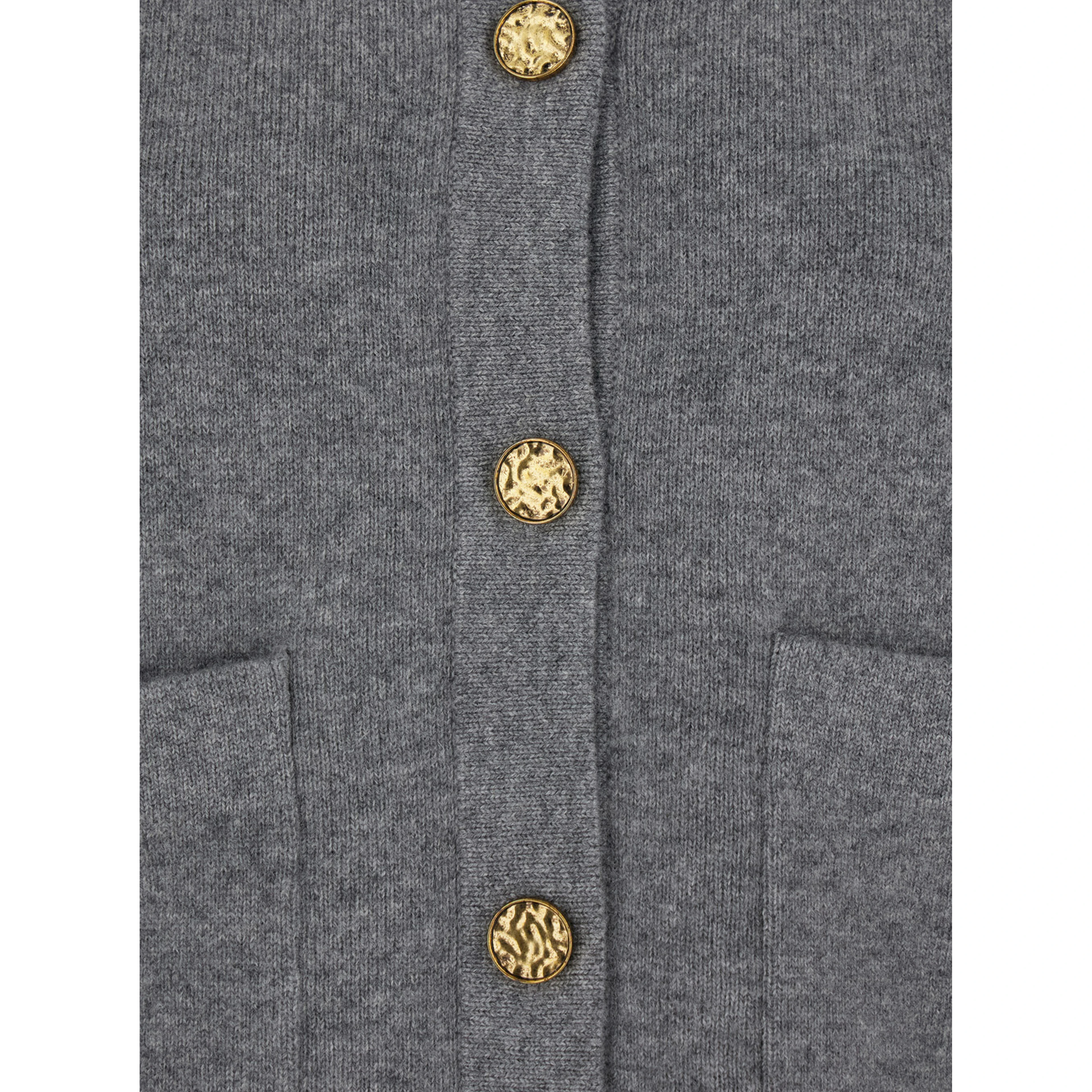 Grey Crewneck Cardigan with Jewel Buttons and Two Front Patch Pockets in Wool Woman