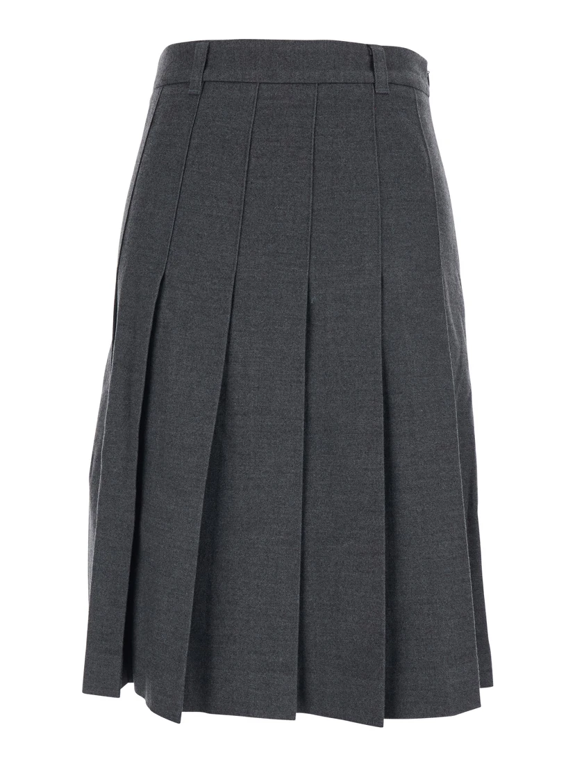 Grey Pleated Midi Skirt with Belt Loops and Side Concealed Closure in Wool Woman
