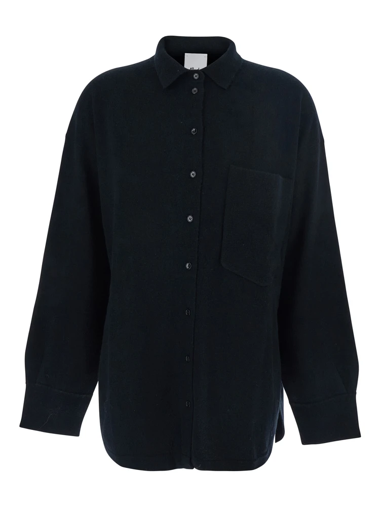Black Shirt with Chest Pocket in Wool Blend Woman